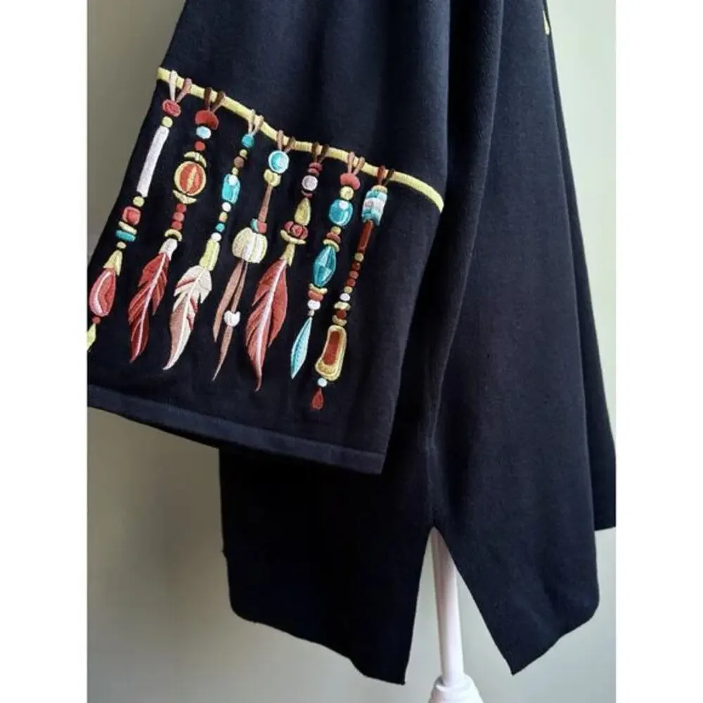 Bob Mackie Wearable Art Feather Embroidery Cardigan Sweater V-neck Black Plus 2X